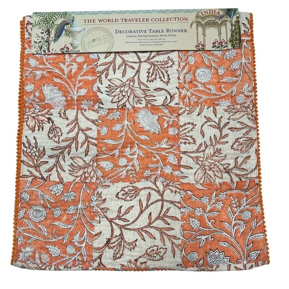 World‎ Traveler Collection Table Runner Orange Floral Patchwork 16x72 Boho - Picture 1 of 8